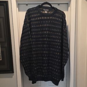 Men's Navy and Beige Striped Crewneck Sweater